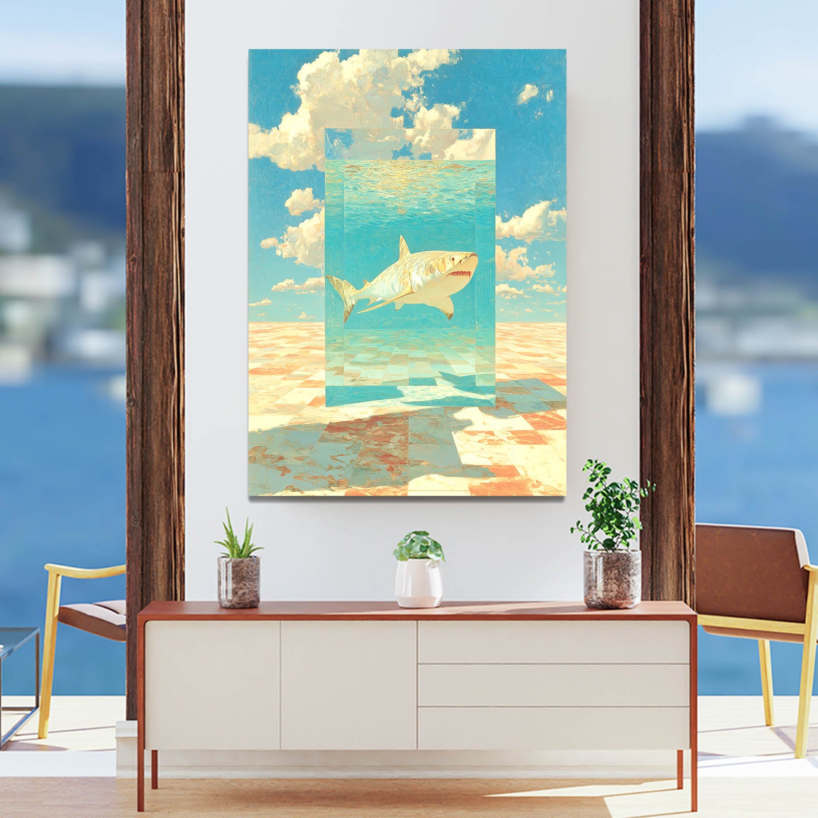 Sky Collage Panels Shark Wall Art – styled in a furnished interior