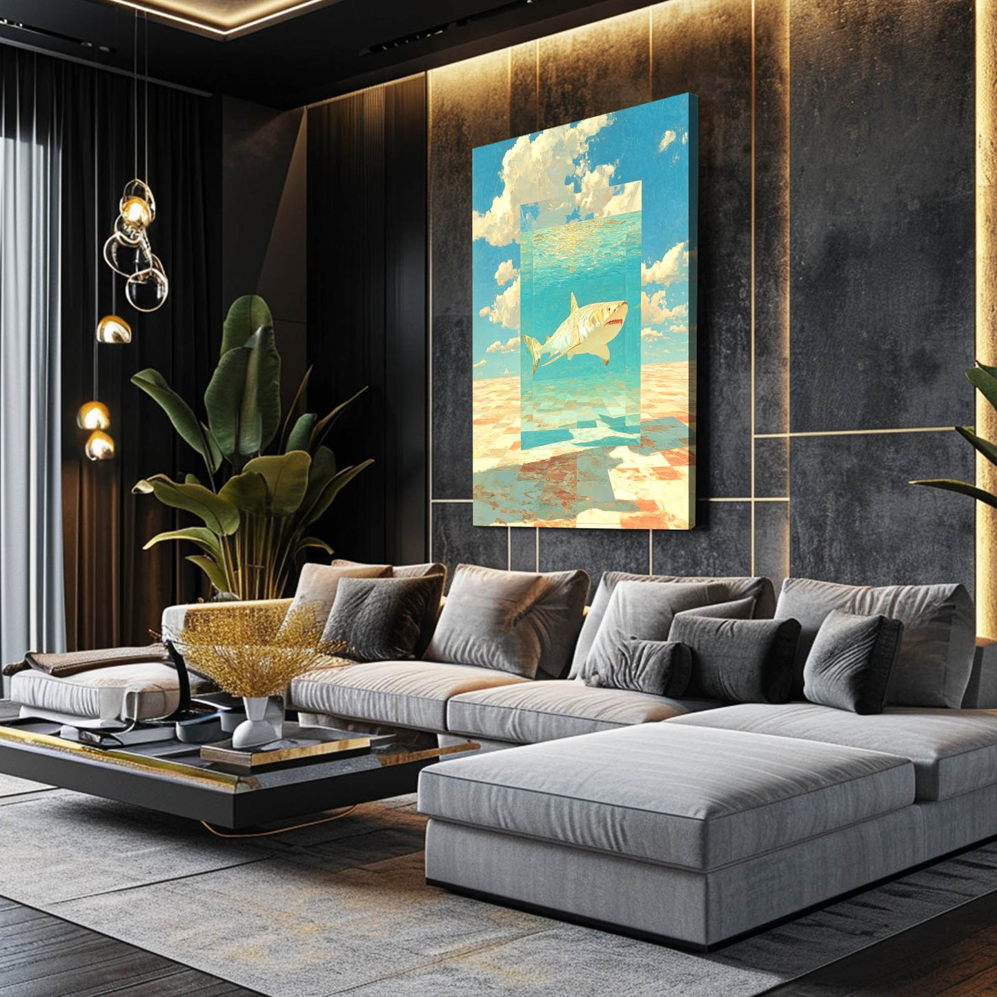 Sky Collage Panels Shark Wall Art – styled in a furnished interior