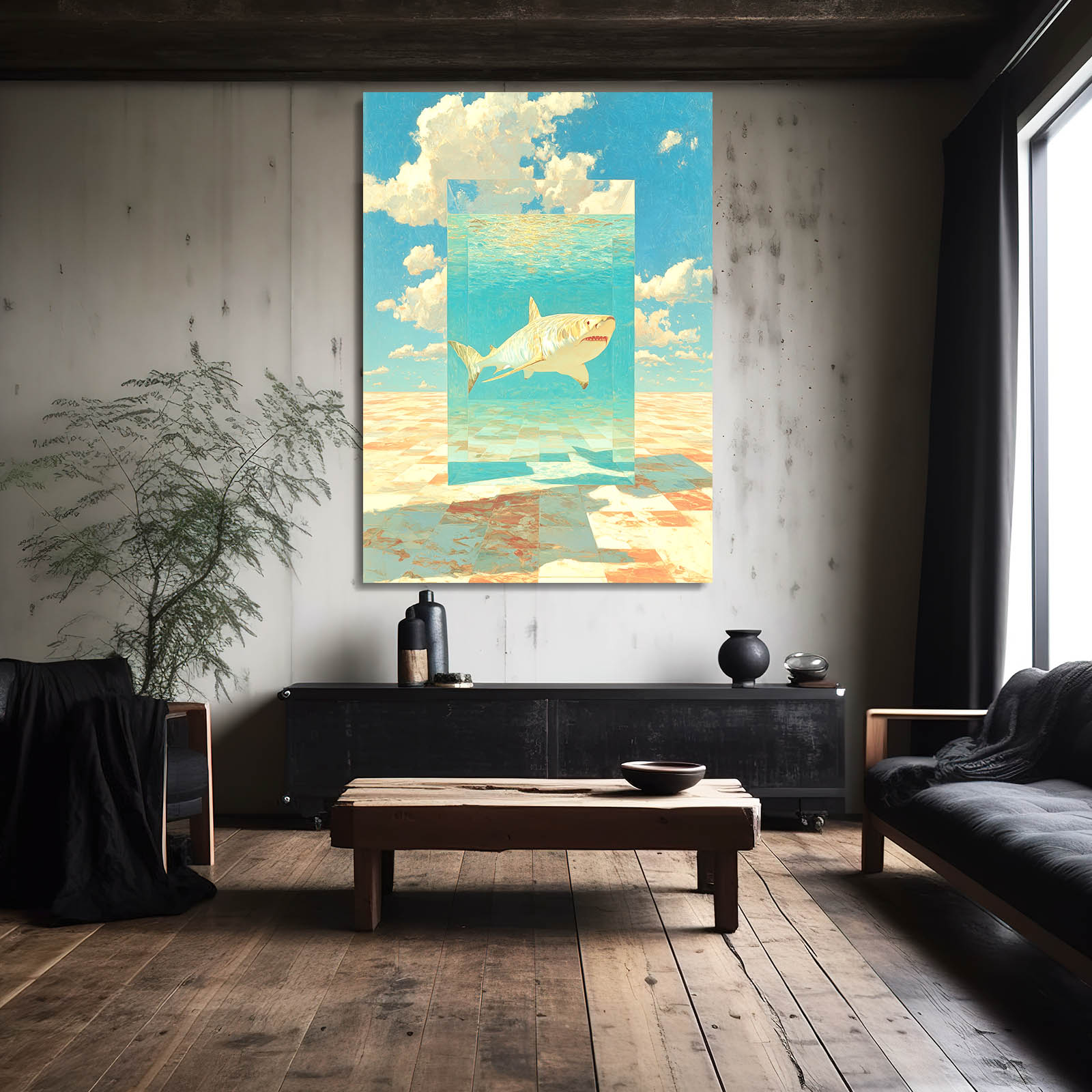 Sky Collage Panels Shark Wall Art – styled in a furnished interior