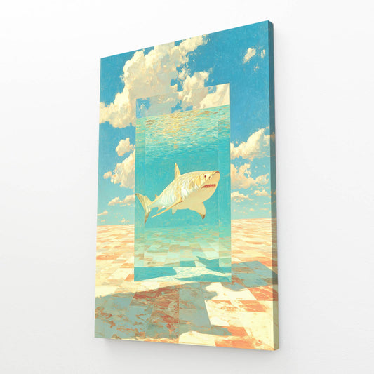 Sky Collage Panels Shark Wall Art – angled canvas view on white background