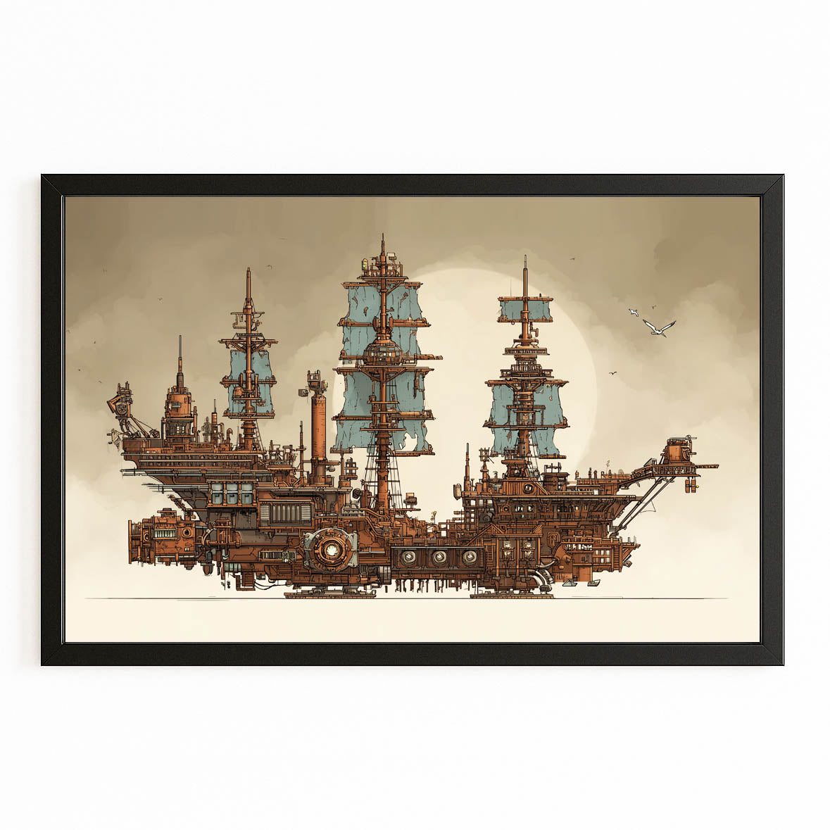 Sky Galleon Sketch Steampunk Wall Art – with Premium Black frame on white background
