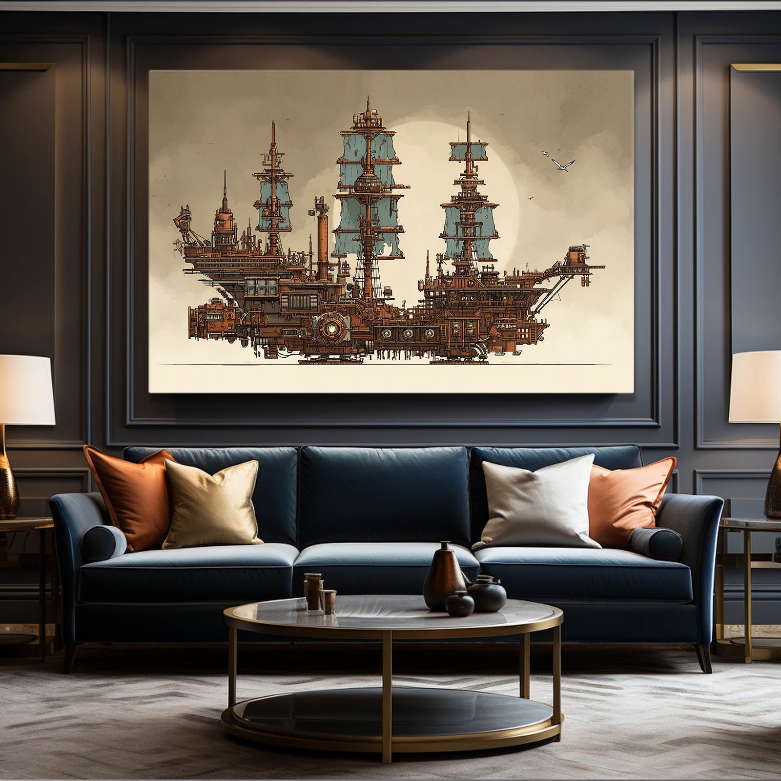 Sky Galleon Sketch Steampunk Wall Art – styled in a furnished interior