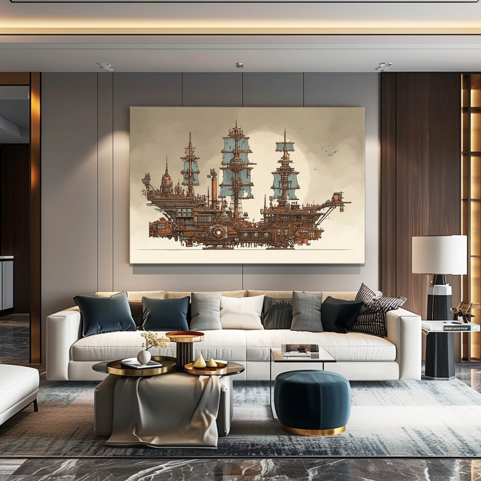 Sky Galleon Sketch Steampunk Wall Art – styled in a furnished interior