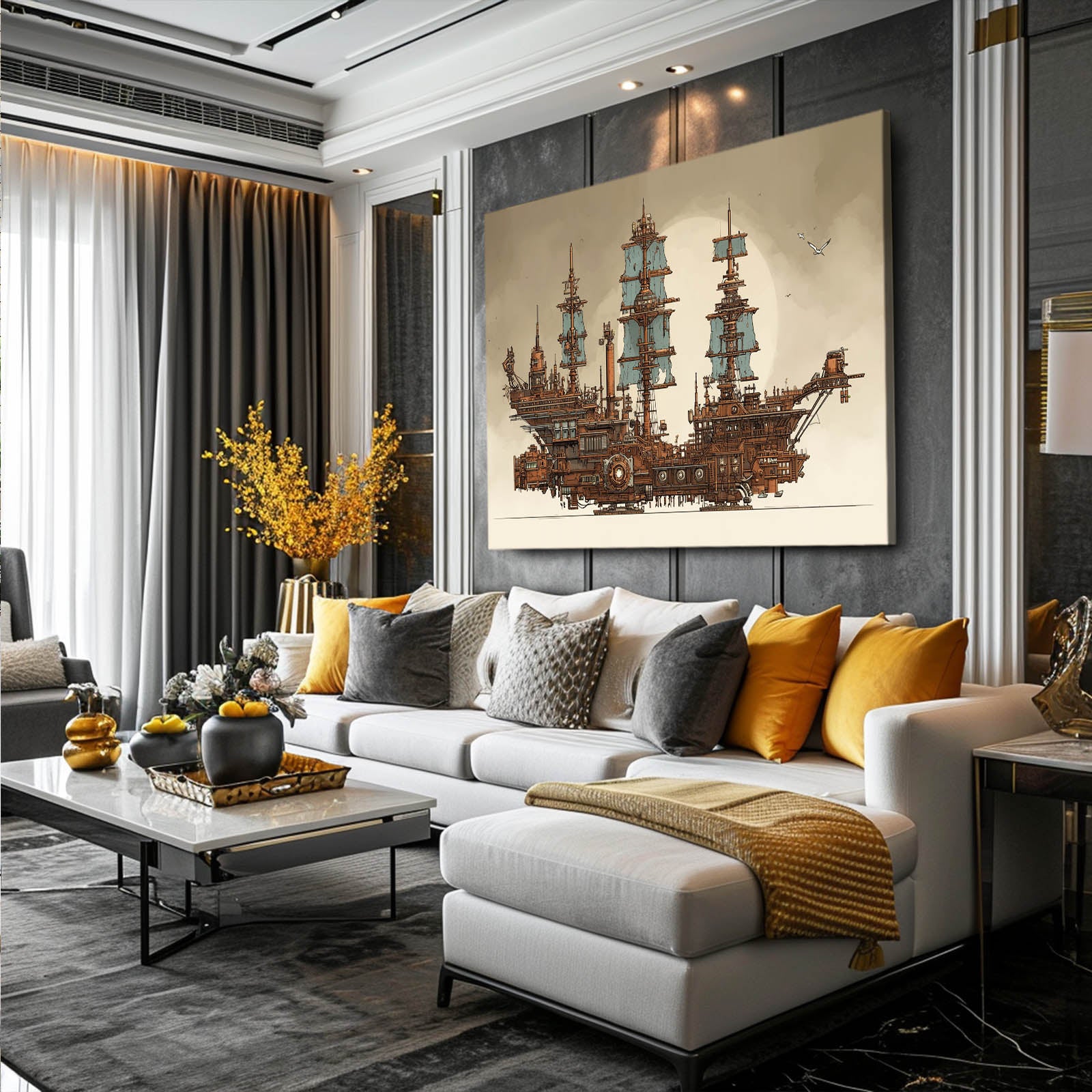 Sky Galleon Sketch Steampunk Wall Art – styled in a furnished interior