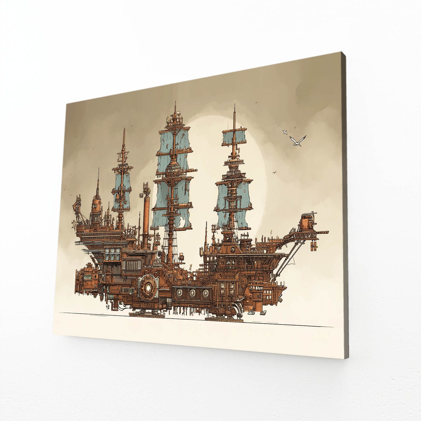 Sky Galleon Sketch Steampunk Wall Art – angled canvas view on white background
