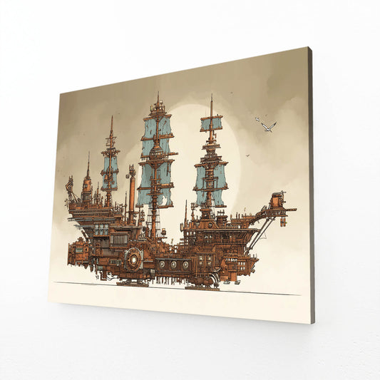 Sky Galleon Sketch Steampunk Wall Art – angled canvas view on white background