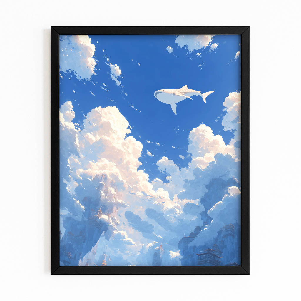 Sky Swimmer Clouds Shark Canvas Art – with Premium Black frame on white background