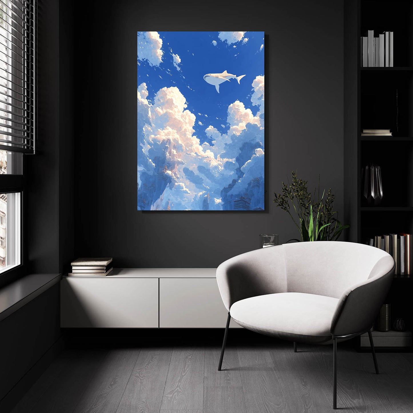 Sky Swimmer Clouds Shark Canvas Art – styled in a furnished interior