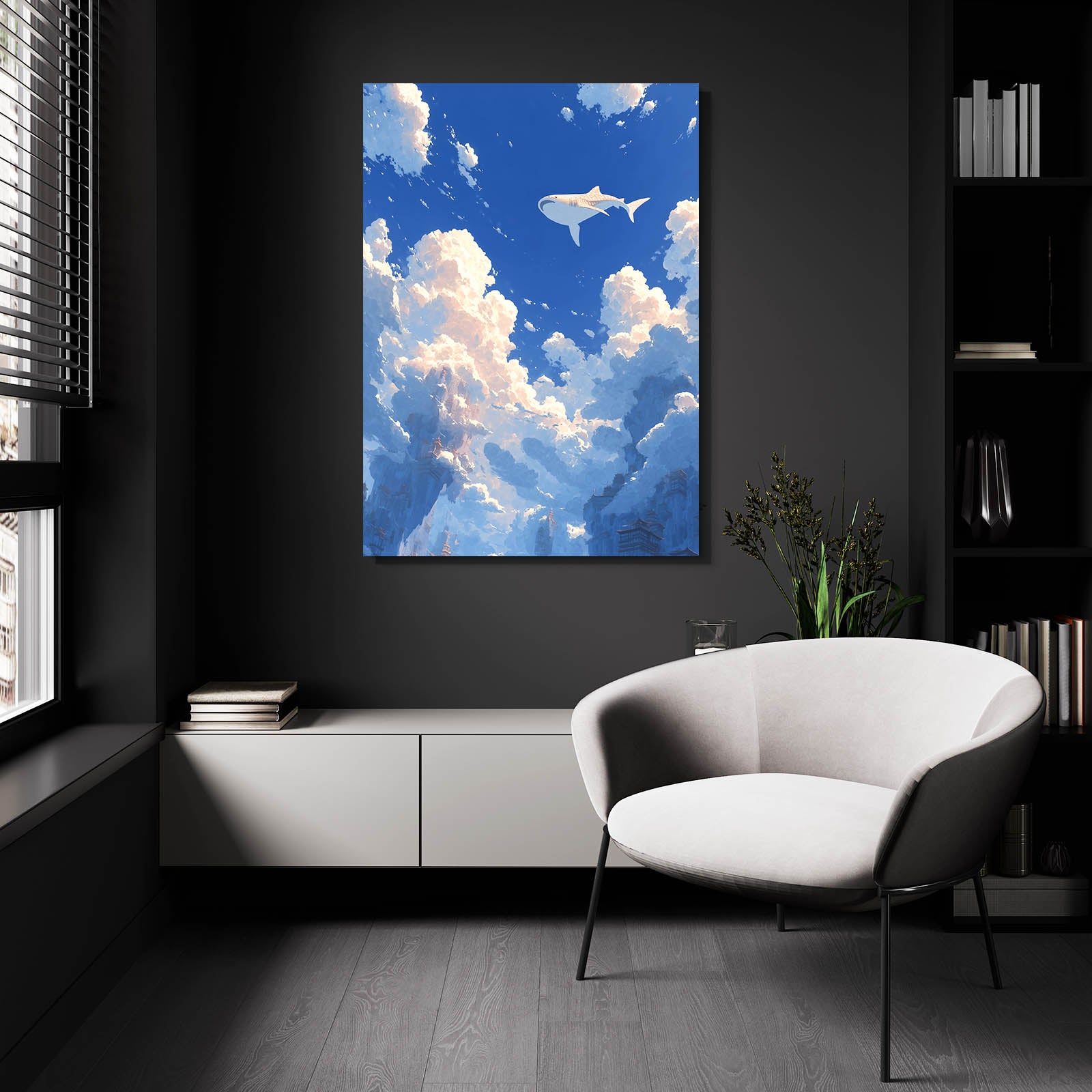 Sky Swimmer Clouds Shark Canvas Art – styled in a furnished interior