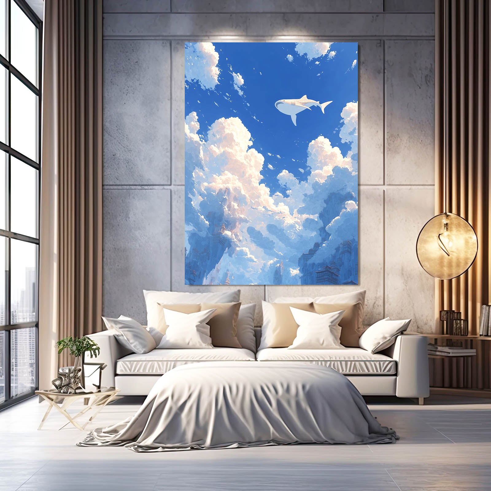 Sky Swimmer Clouds Shark Canvas Art – styled in a furnished interior