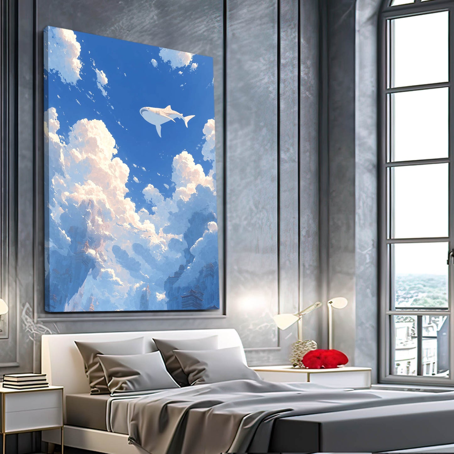 Sky Swimmer Clouds Shark Canvas Art – styled in a furnished interior