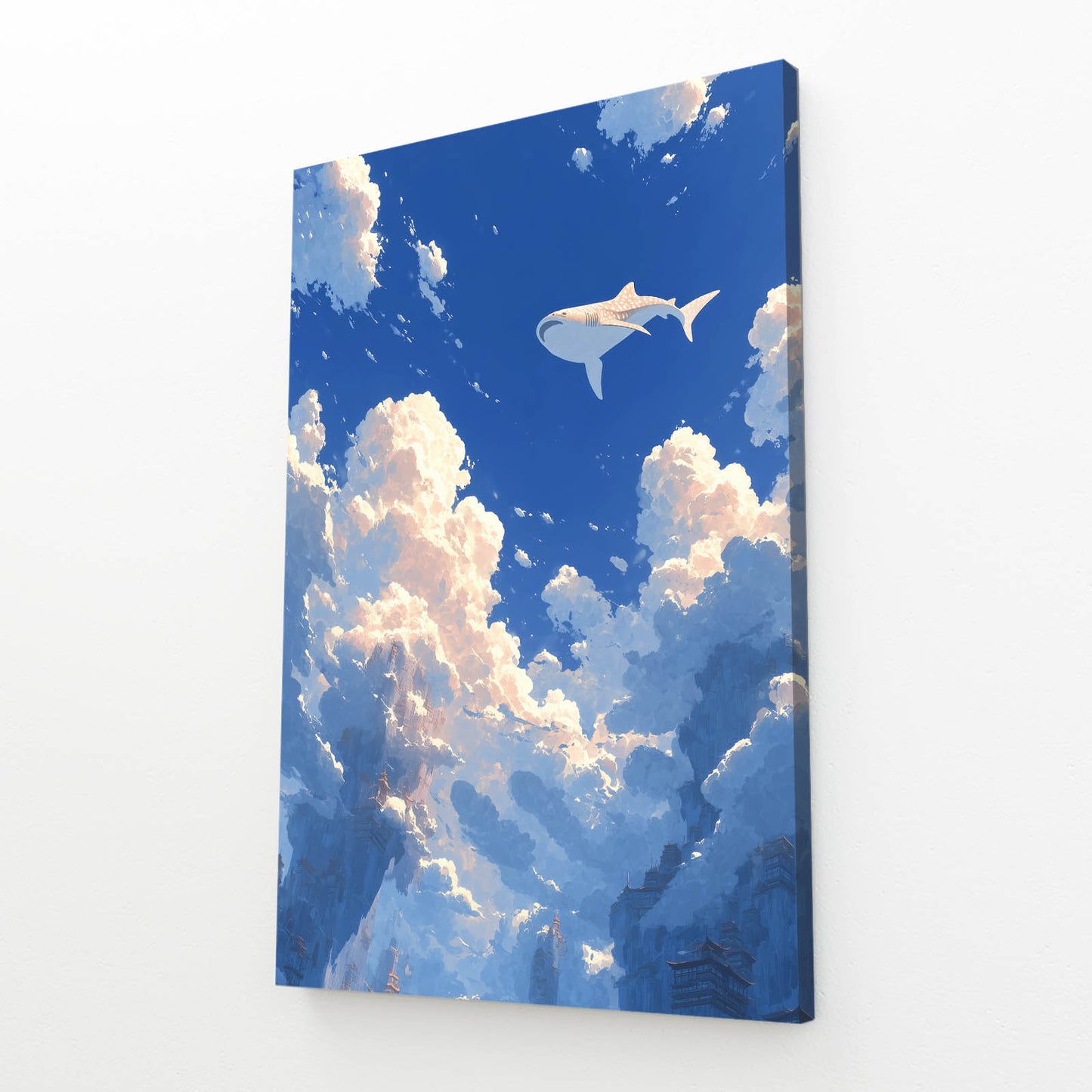Sky Swimmer Clouds Shark Canvas Art – angled canvas view on white background