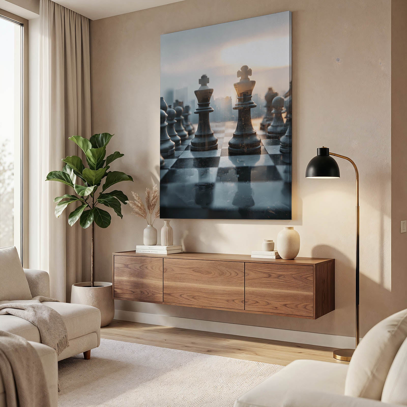 Skyline Board Dawn Chess Prints – styled in a furnished interior