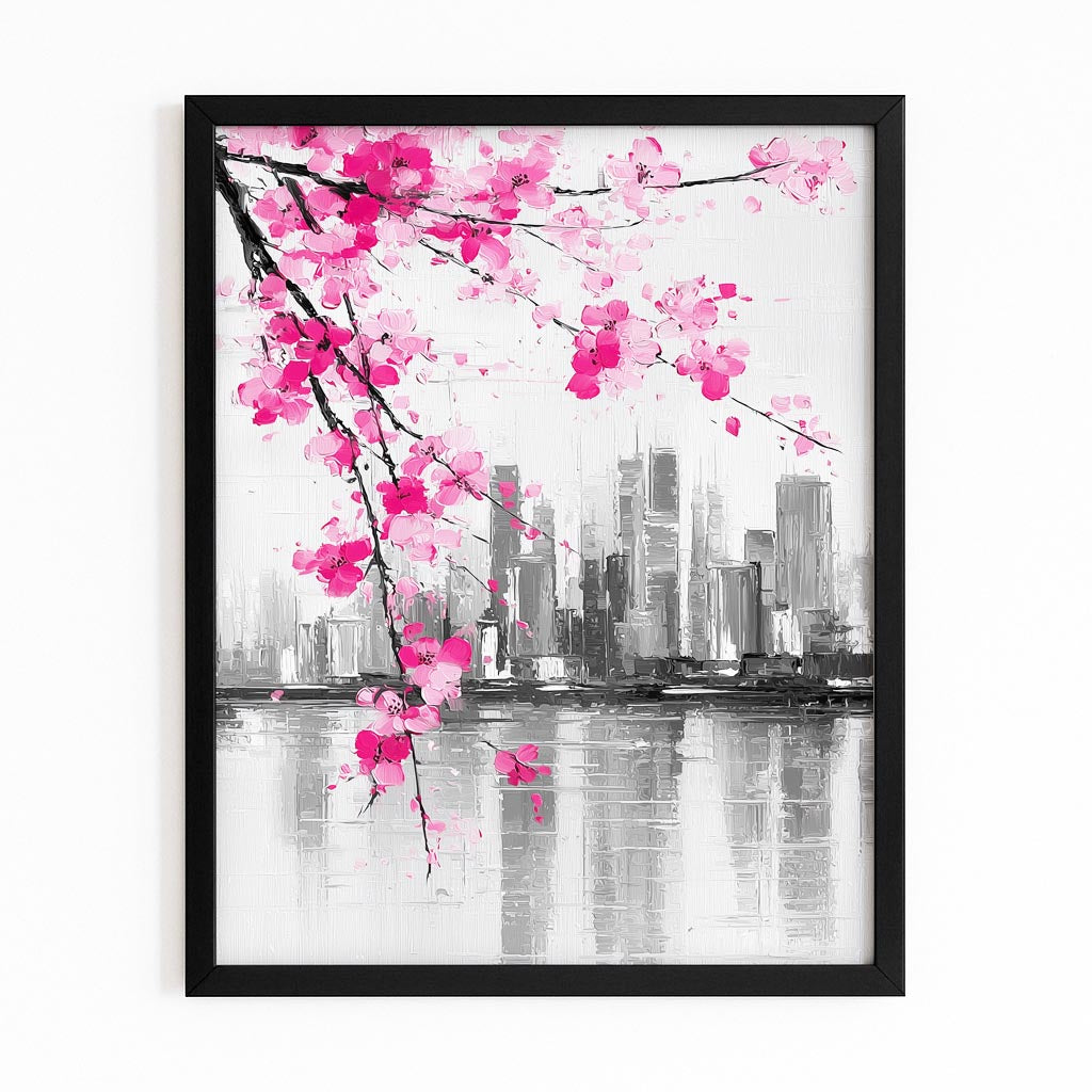 Skyline Ink Branch Cherry Blossom Wall Decor – with Premium Black frame on white background