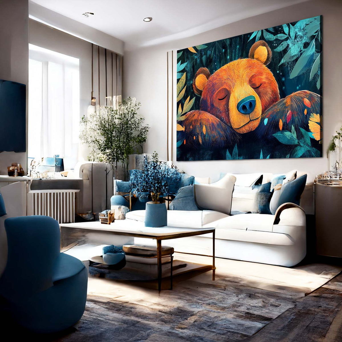 Sleeping Bloom Cub Bear Art — contemporary canvas print, styled in a furnished interior