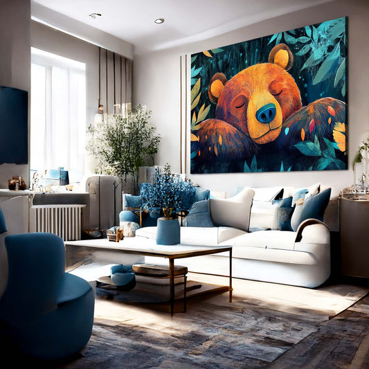 Sleeping Bloom Cub Bear Art — contemporary canvas print, styled in a furnished interior