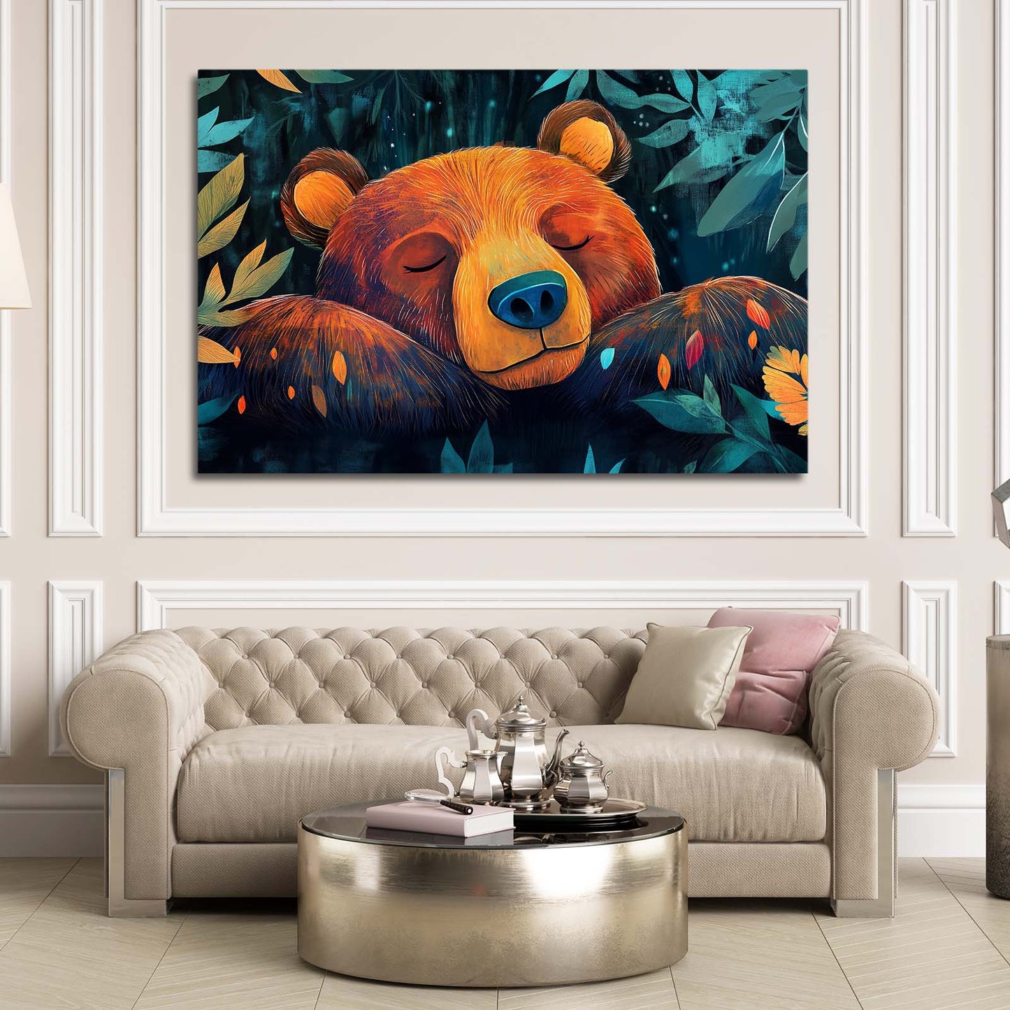 Sleeping Bloom Cub Bear Art — contemporary canvas print, styled in a furnished interior