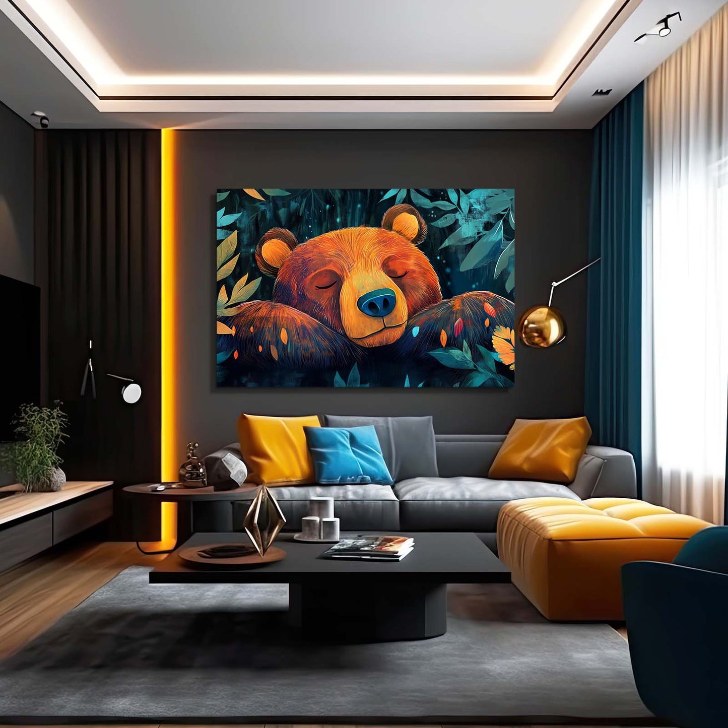 Sleeping Bloom Cub Bear Art — contemporary canvas print, styled in a furnished interior
