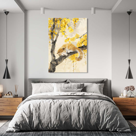Sleeping Cat in Blossom Art — japanese canvas print in orange tones, view 3
