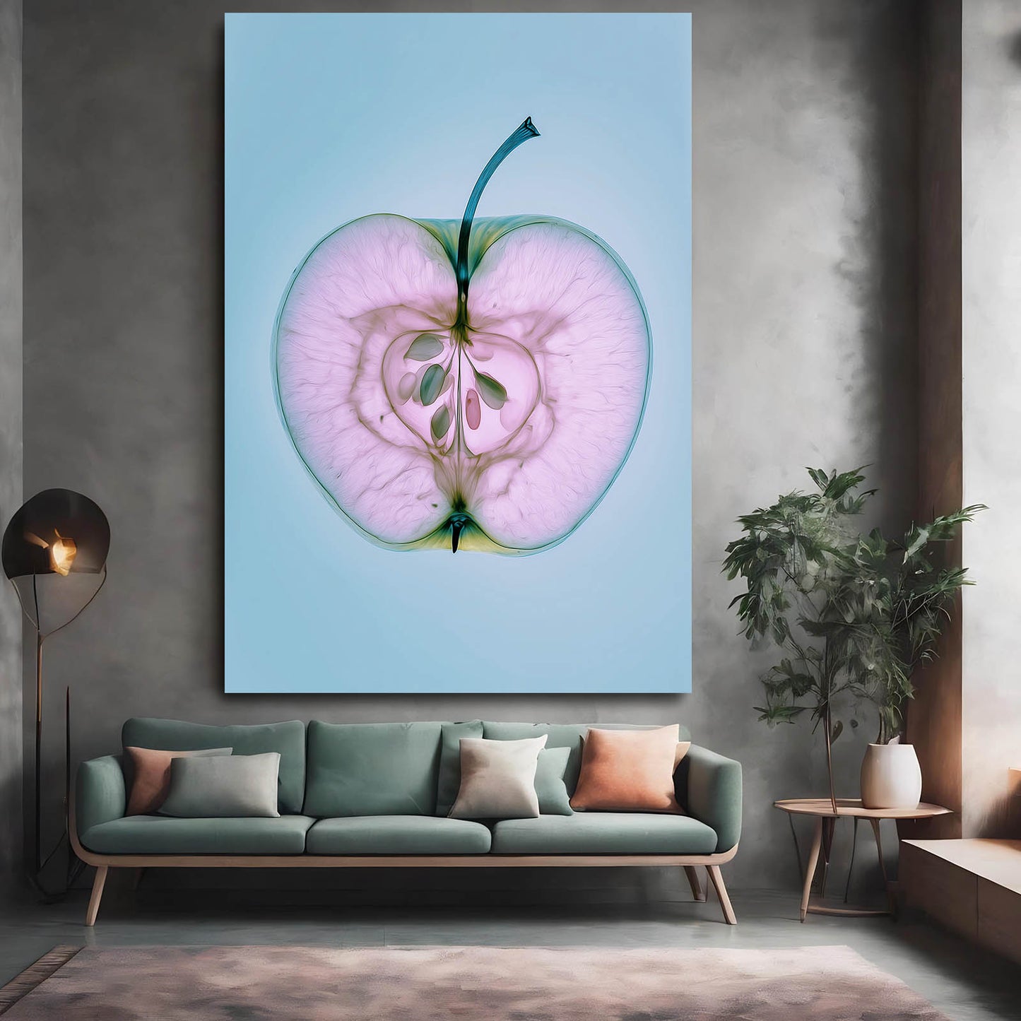 Sliced Blue Pastel Apple Art – styled in a furnished interior