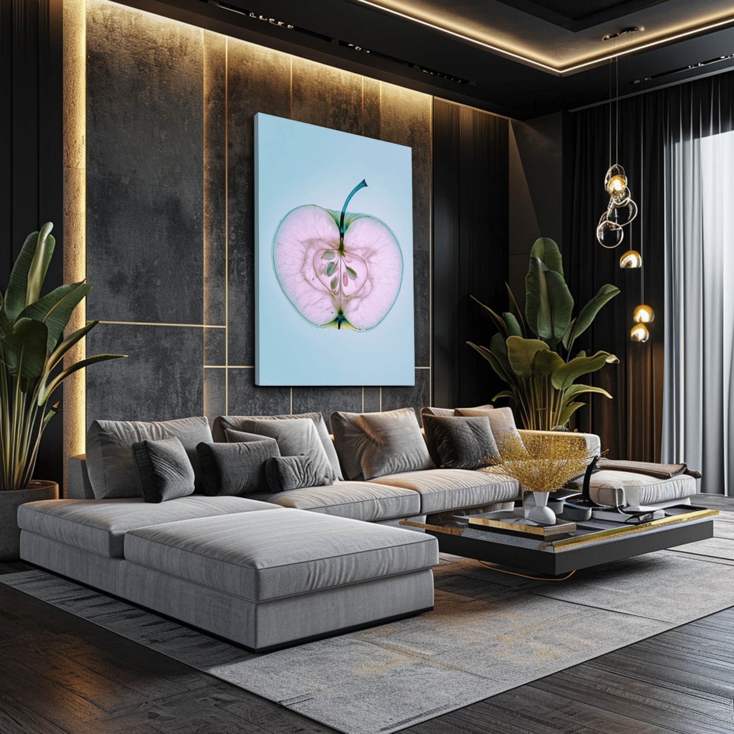 Sliced Blue Pastel Apple Art – styled in a furnished interior