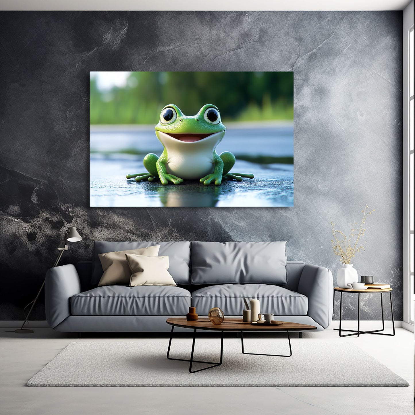 Smiling Pond Frog Canvas Art – styled in a furnished interior