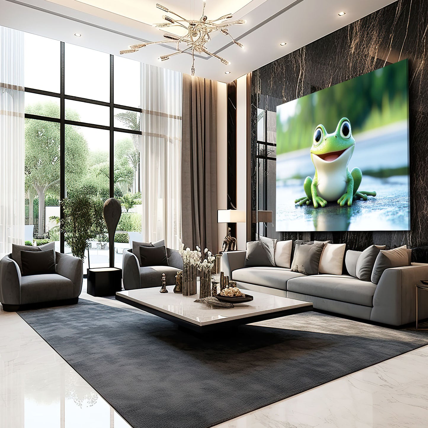 Smiling Pond Frog Canvas Art – styled in a furnished interior