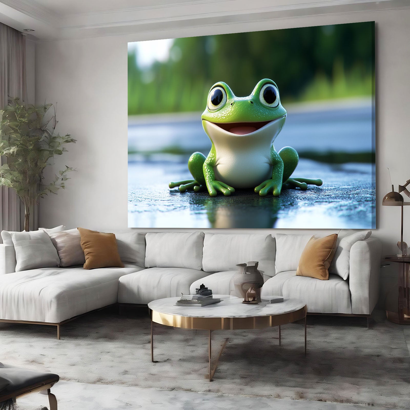 Smiling Pond Frog Canvas Art – styled in a furnished interior