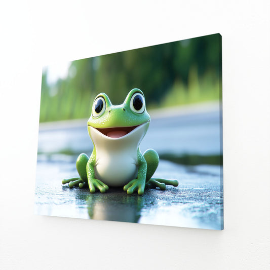 Smiling Pond Frog Canvas Art – angled canvas view on white background