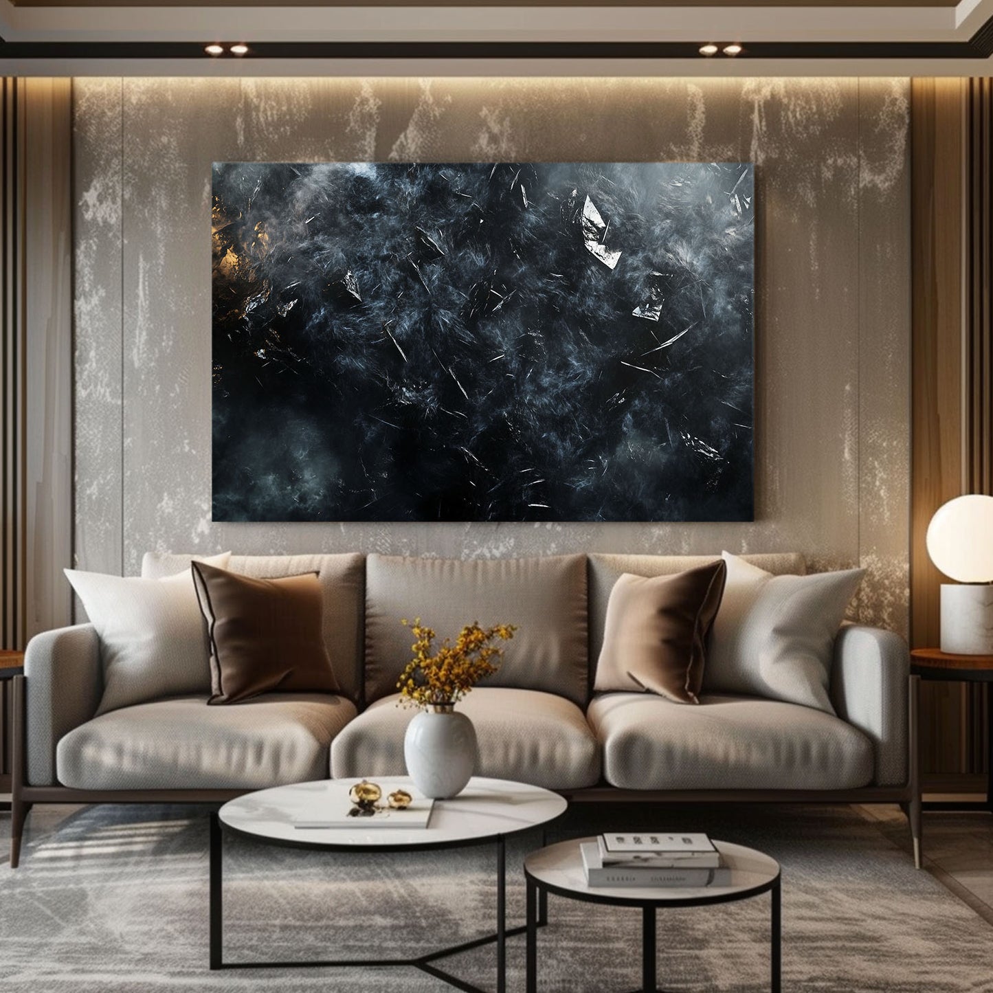 Smoke And Ember Abstract Prints – styled in a furnished interior