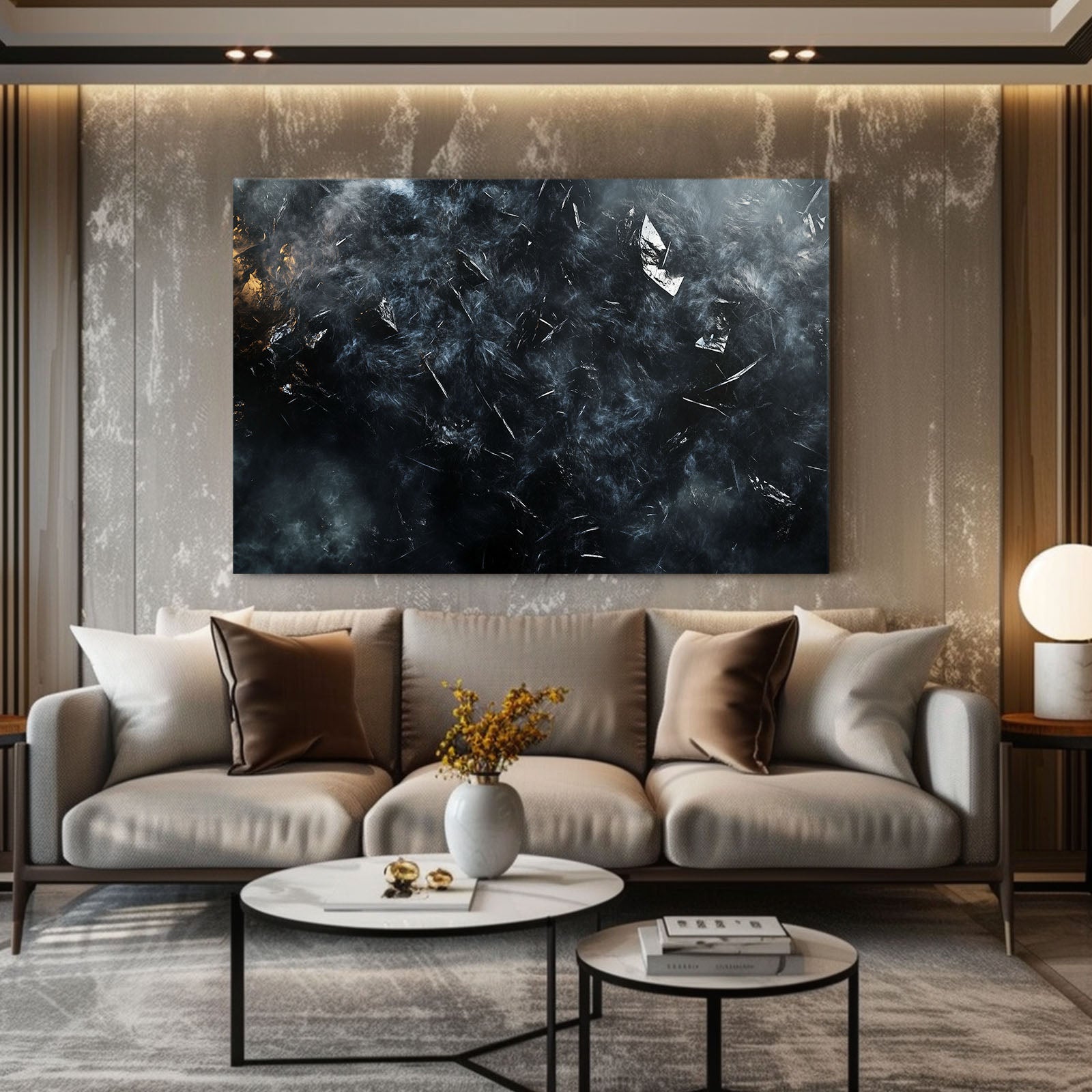 Smoke And Ember Abstract Prints – styled in a furnished interior