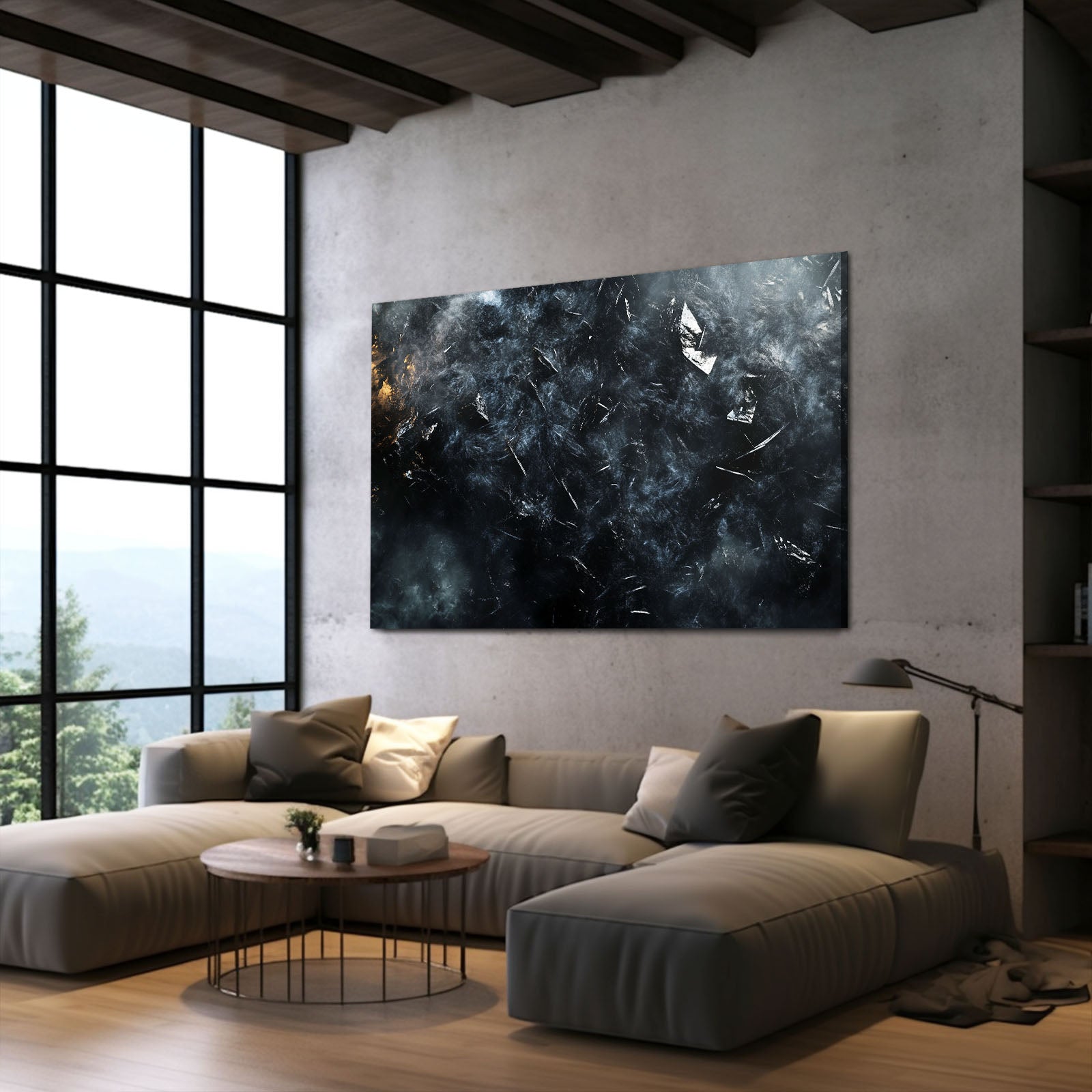 Smoke And Ember Abstract Prints – styled in a furnished interior