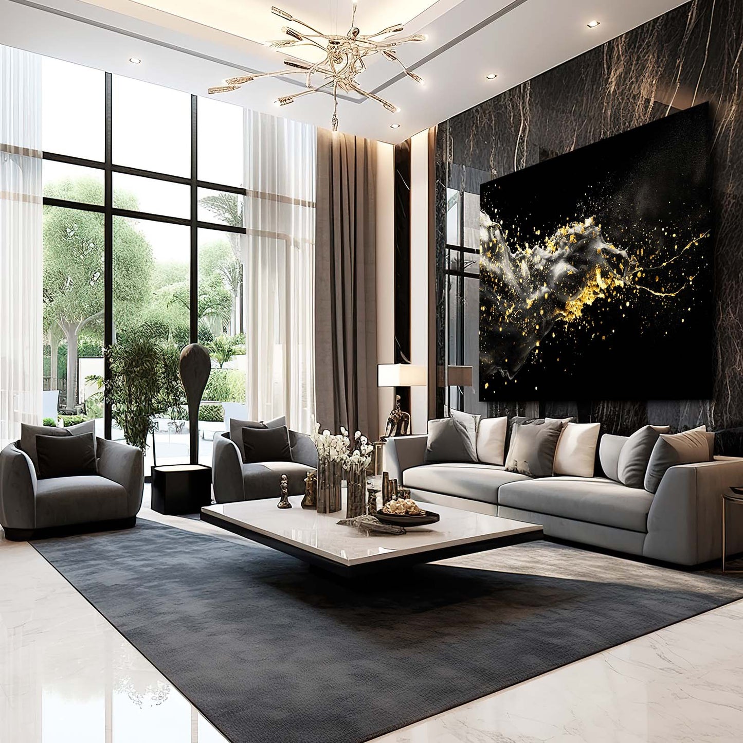 Smoke And Gold Wave Wall Decor – styled in a furnished interior
