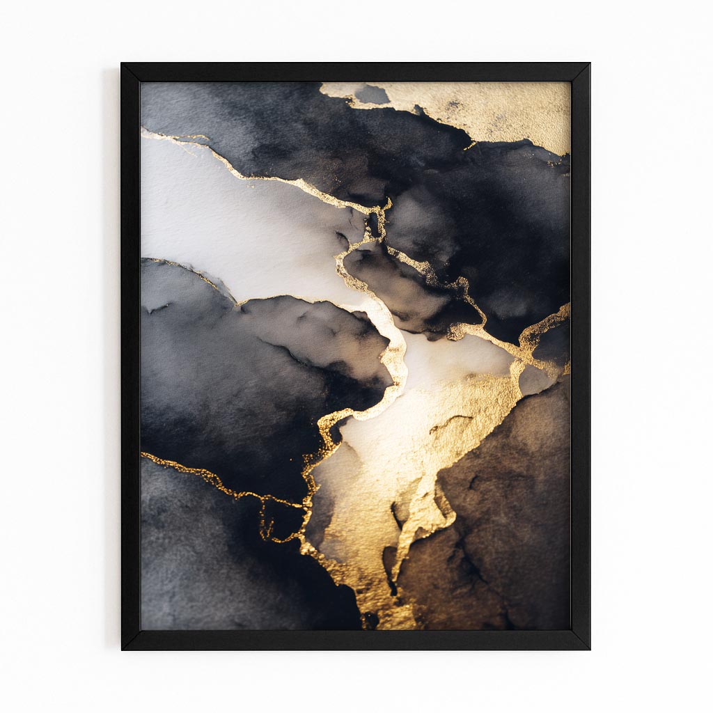 Smoke Marble Gold Canvas – with Premium Black frame on white background