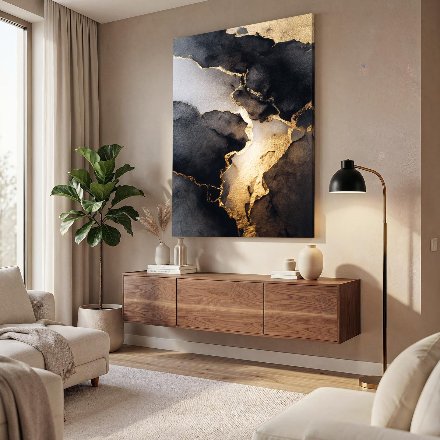 Smoke Marble Gold Canvas – styled in a furnished interior
