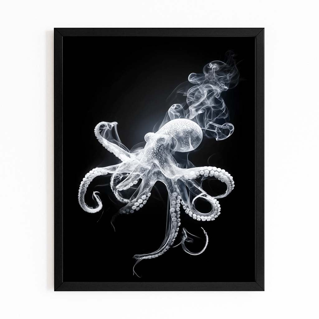 Smoke Silhouette Octopus Canvas – with Premium Black frame on white background