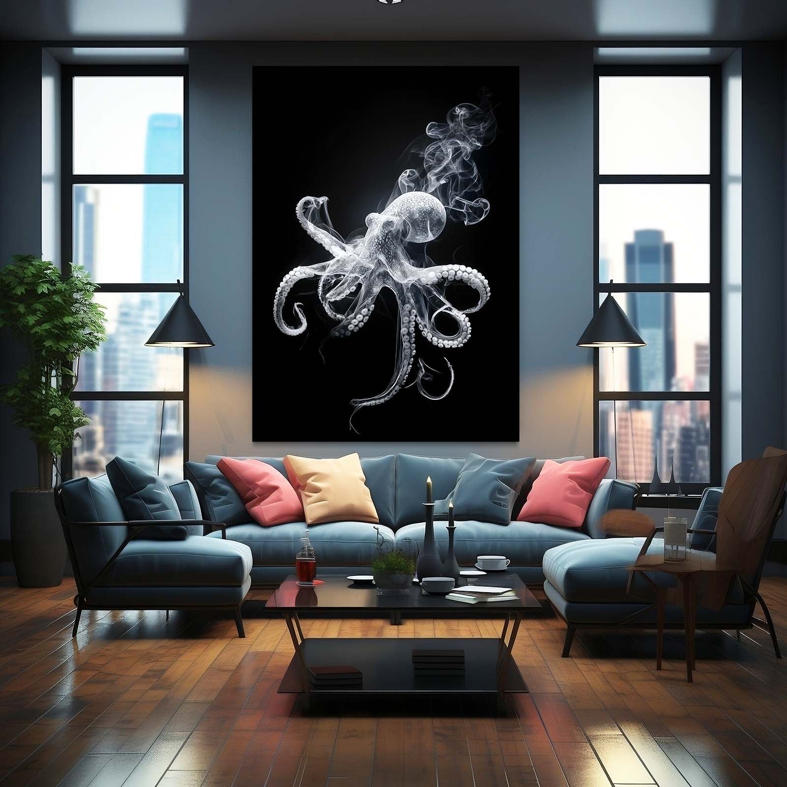Smoke Silhouette Octopus Canvas – styled in a furnished interior