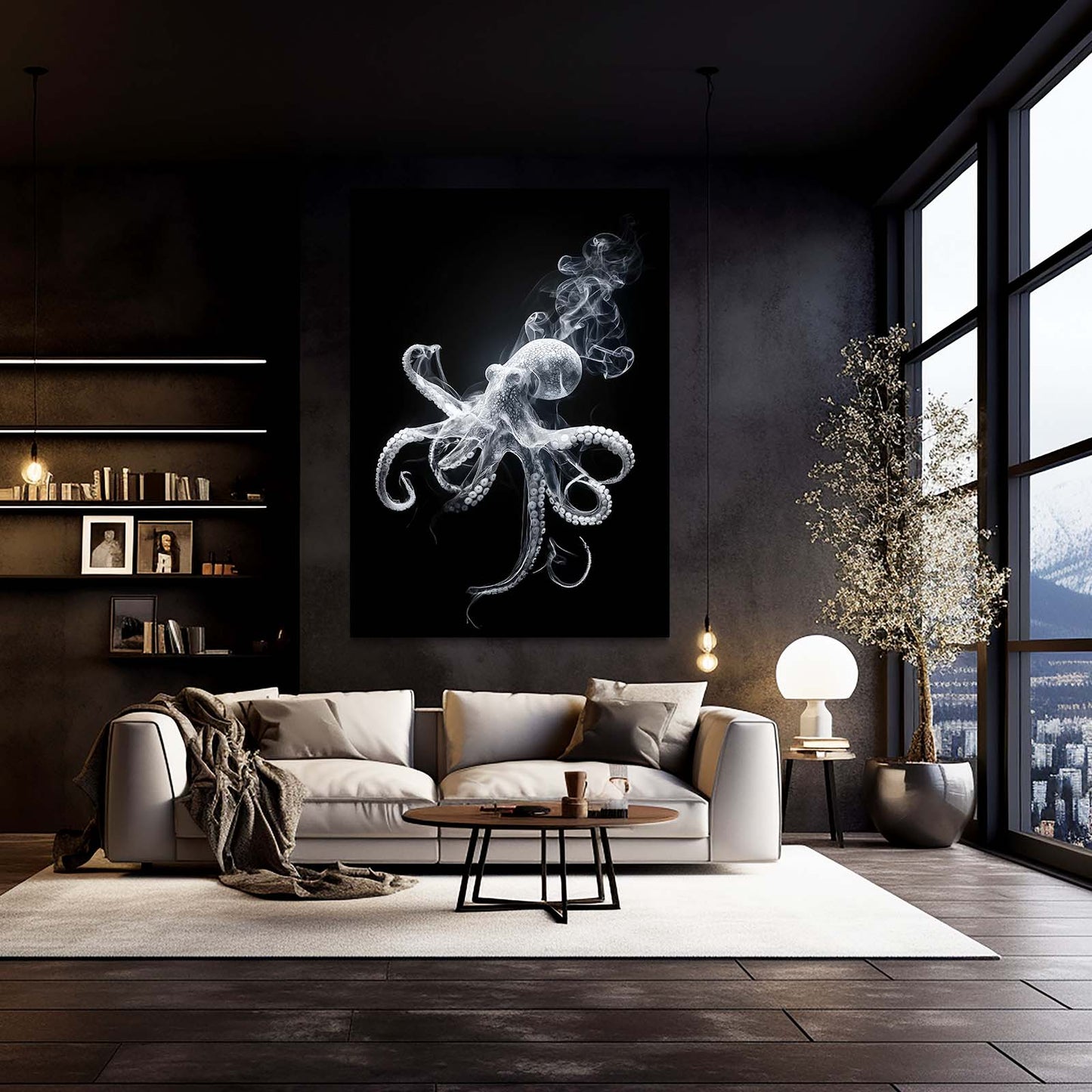 Smoke Silhouette Octopus Canvas – styled in a furnished interior
