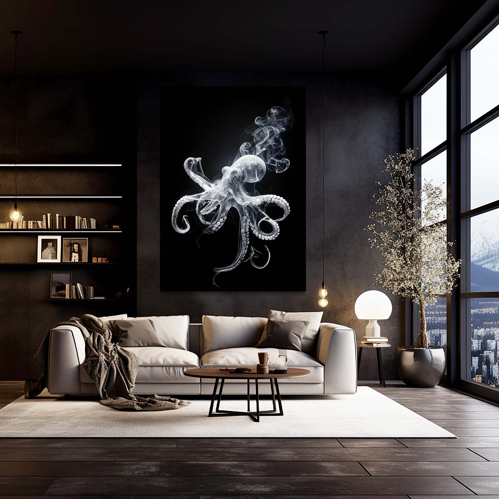 Smoke Silhouette Octopus Canvas – styled in a furnished interior