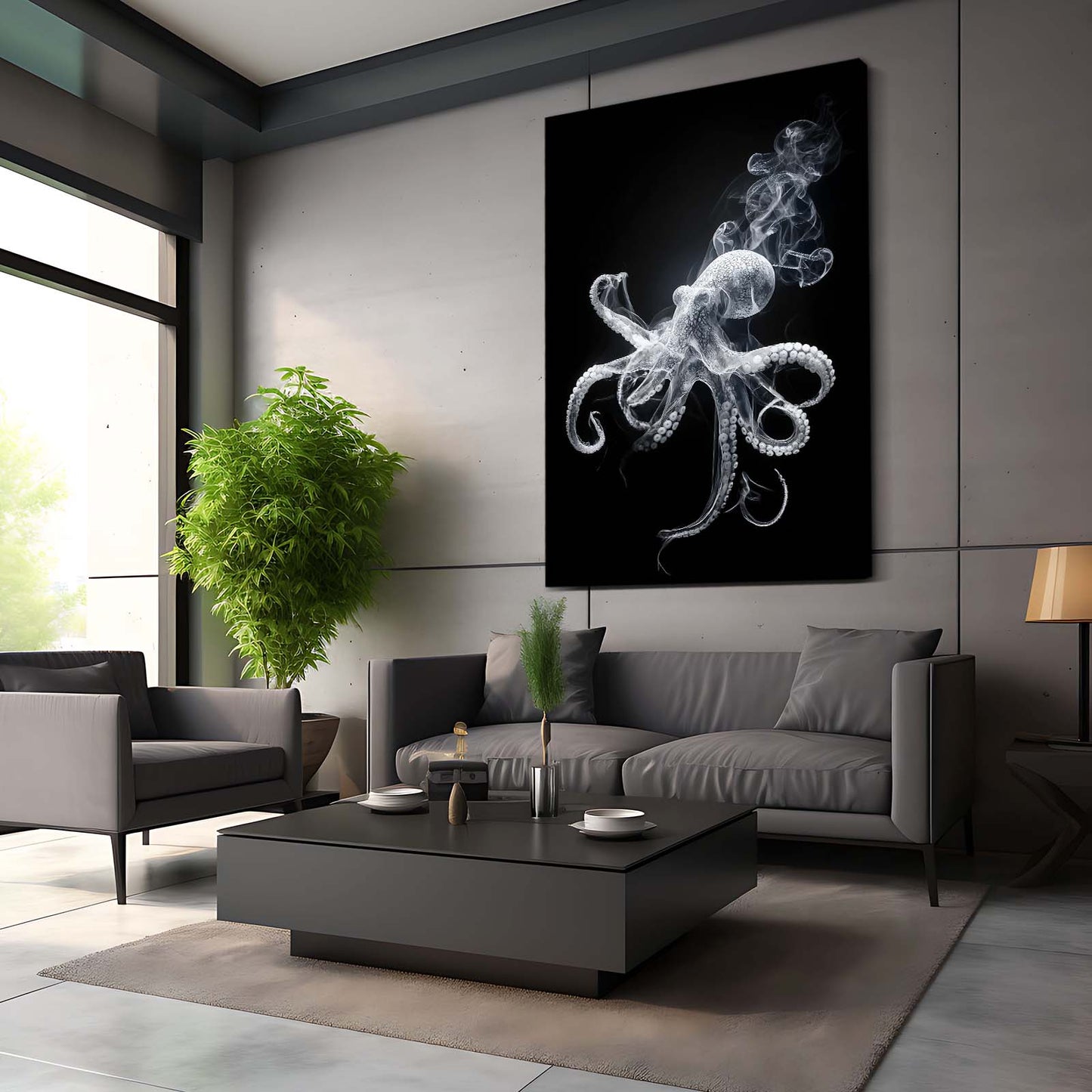 Smoke Silhouette Octopus Canvas – styled in a furnished interior