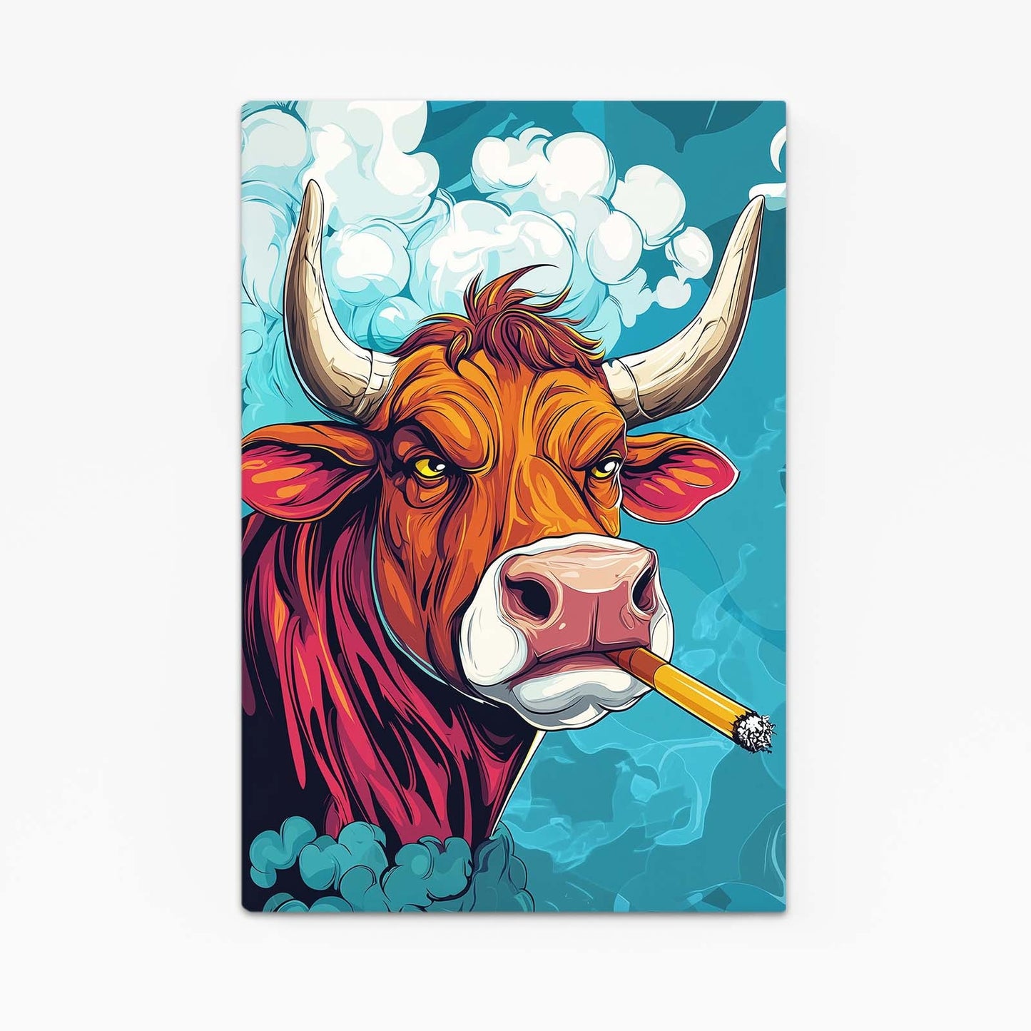 Smoking Cow Artwork – angled canvas view on white background