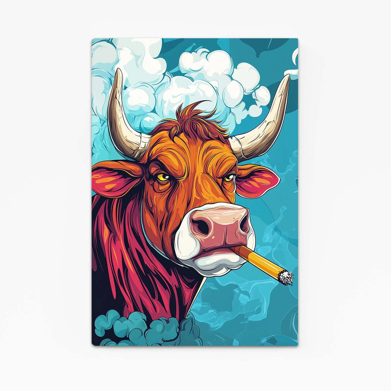 Smoking Cow Artwork – angled canvas view on white background