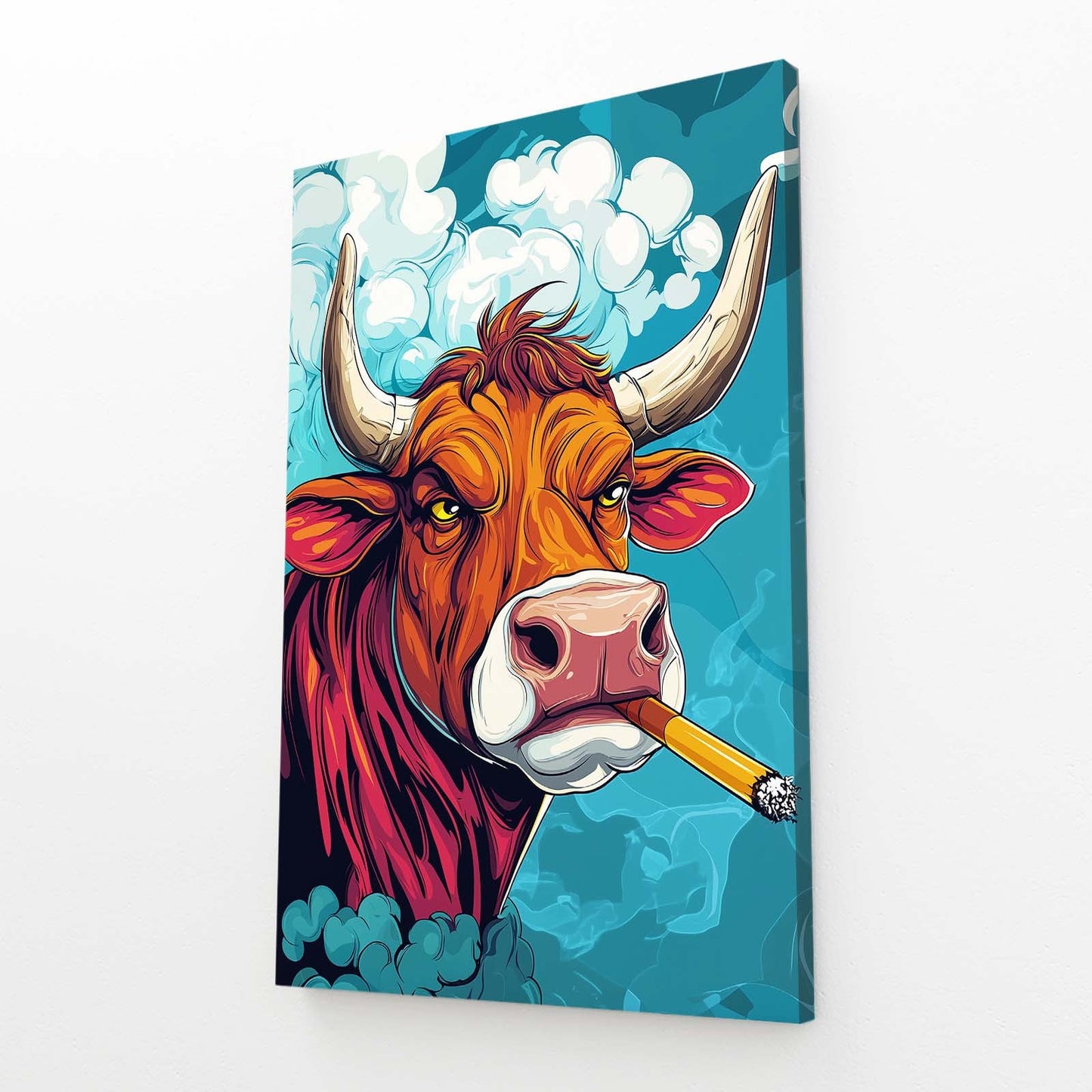 Smoking Cow Artwork – angled canvas view on white background