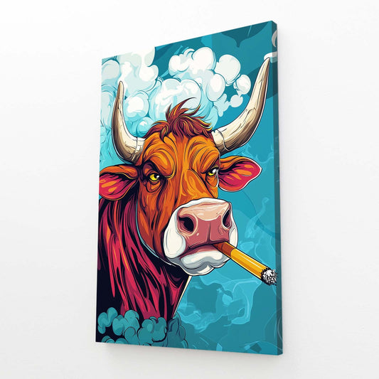 Smoking Cow Artwork – angled canvas view on white background