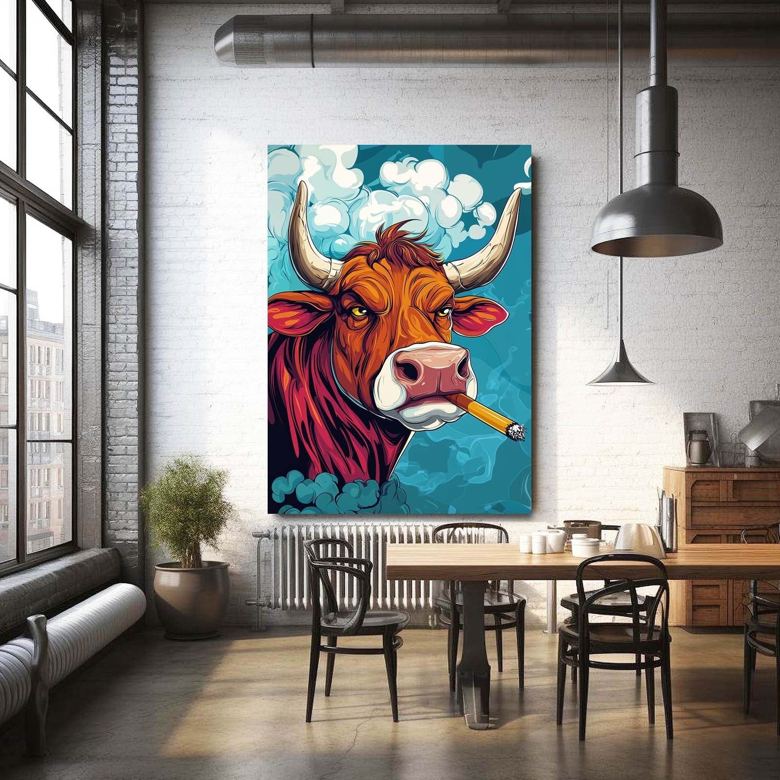 Smoking Cow Artwork – angled canvas view on white background
