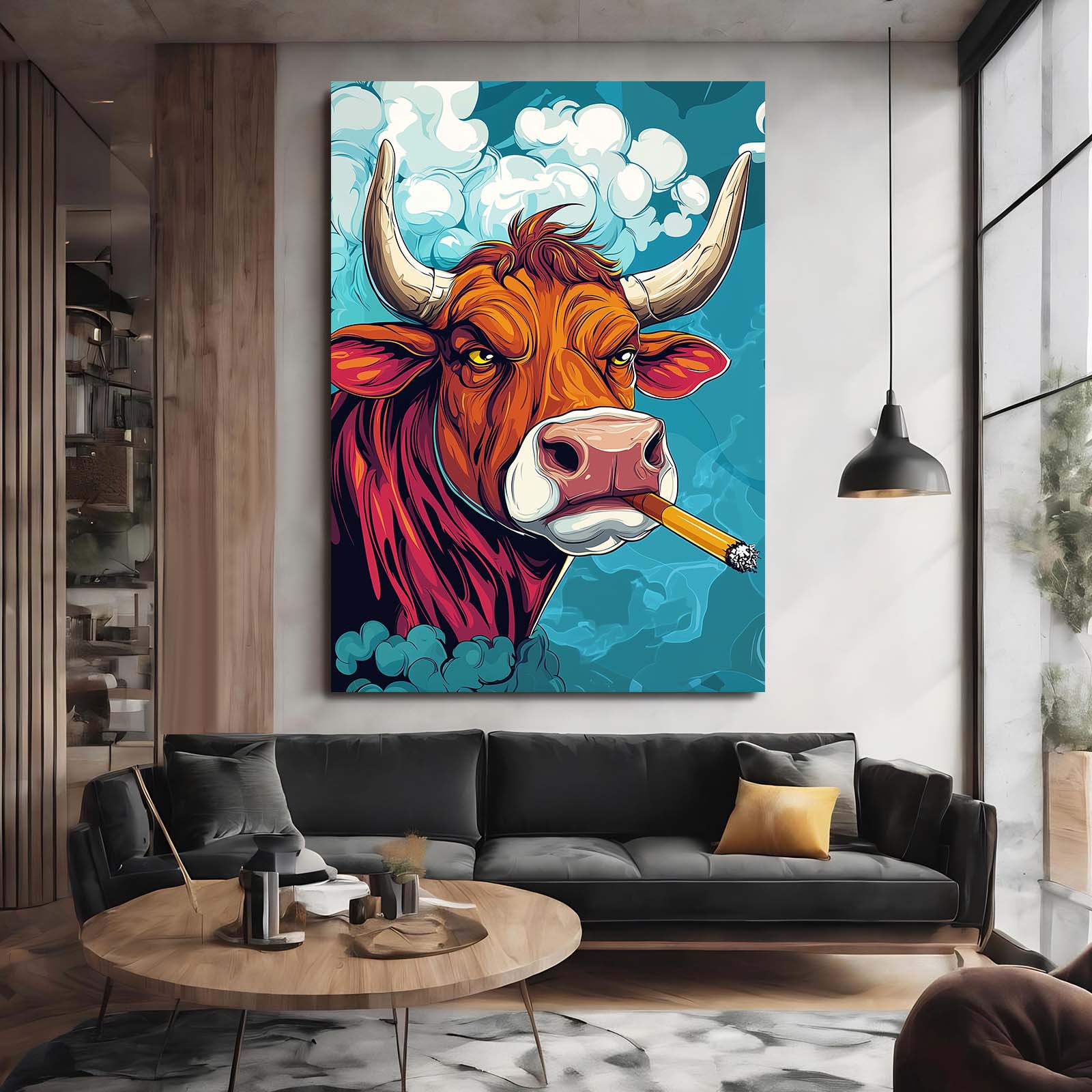Smoking Cow Artwork – angled canvas view on white background