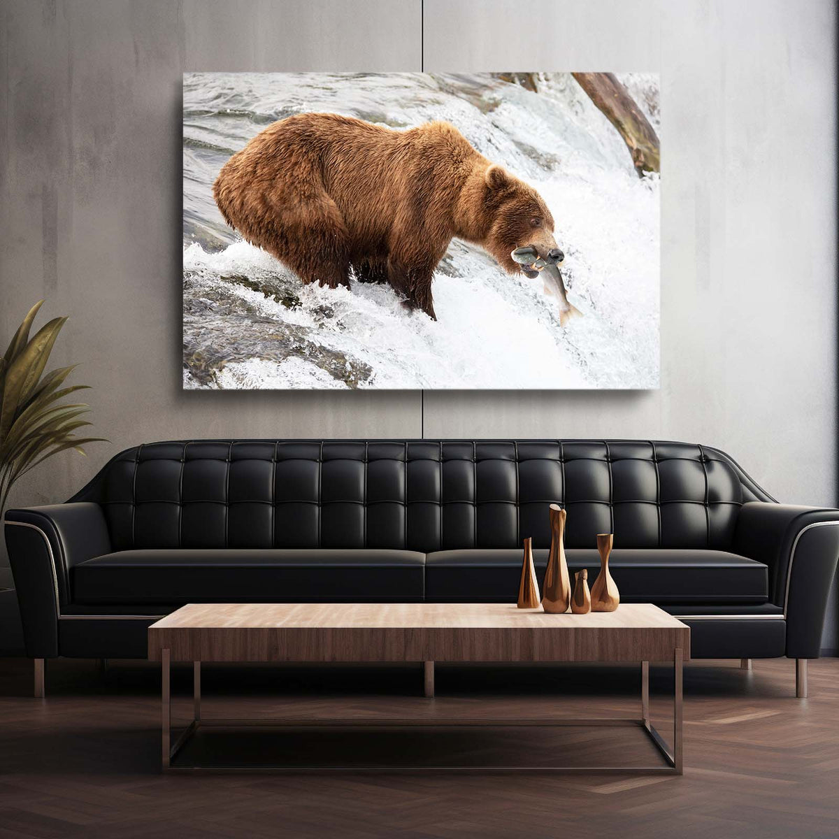 Snow Fishing Catch Bear Canvas — photography canvas print, styled in a furnished interior