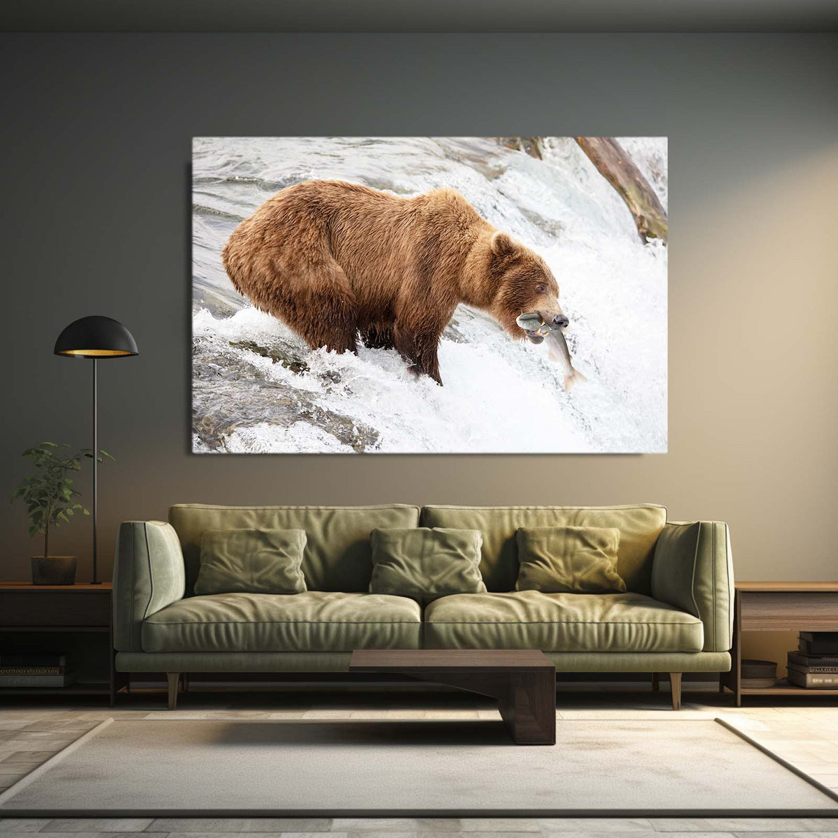 Snow Fishing Catch Bear Canvas — photography canvas print, styled in a furnished interior