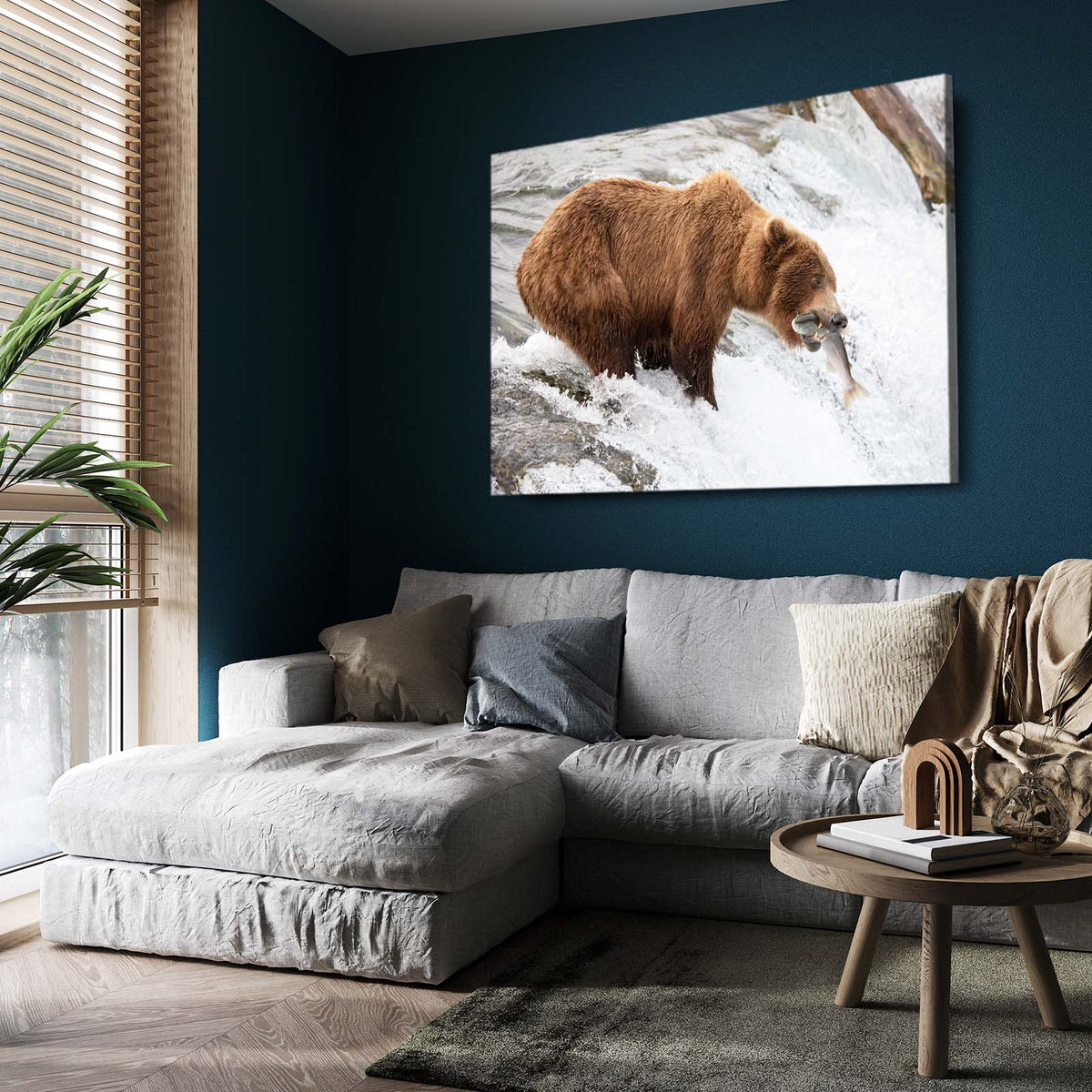 Snow Fishing Catch Bear Canvas — photography canvas print, styled in a furnished interior