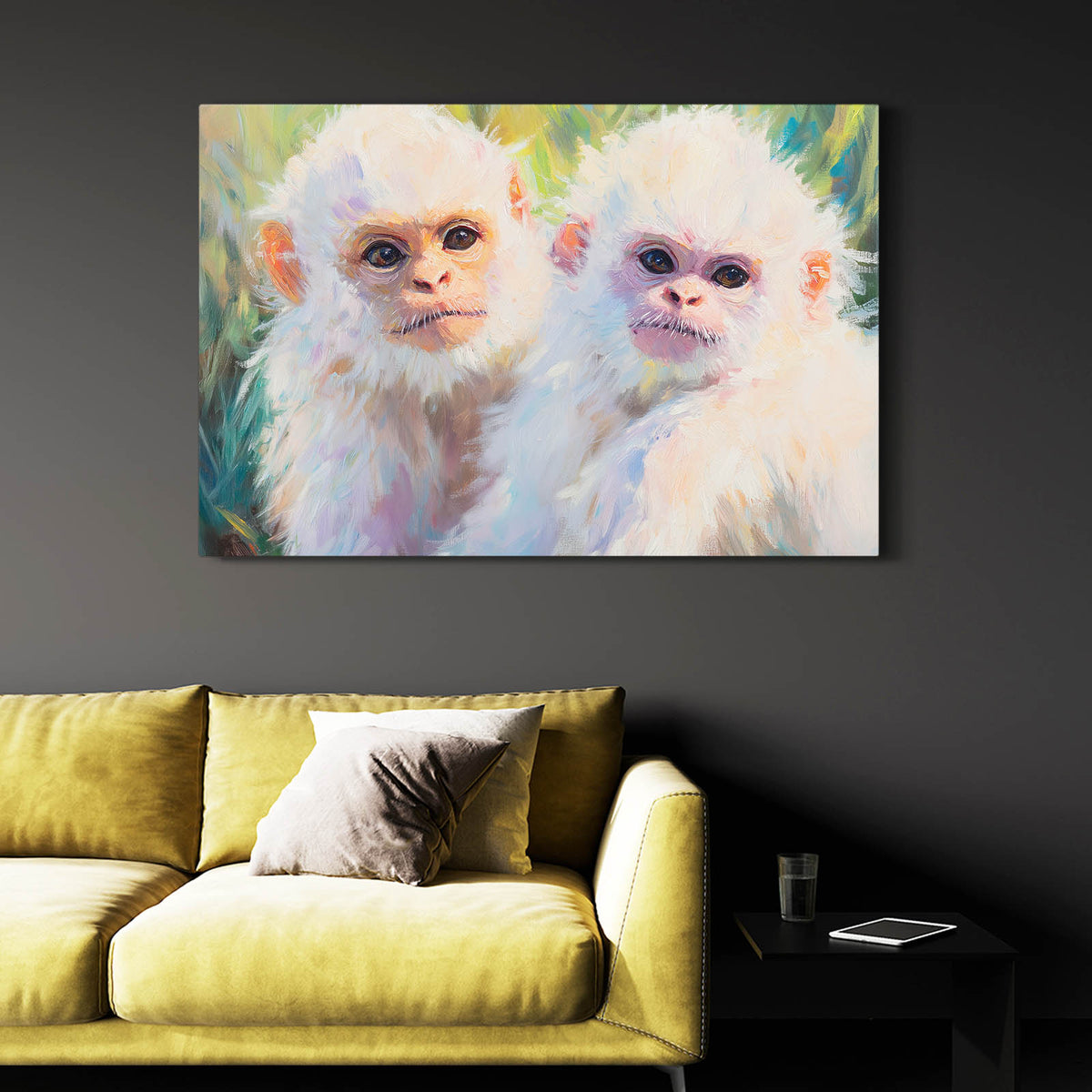Snow White Pair Monkey Wall Decor — contemporary canvas print, styled in a furnished interior